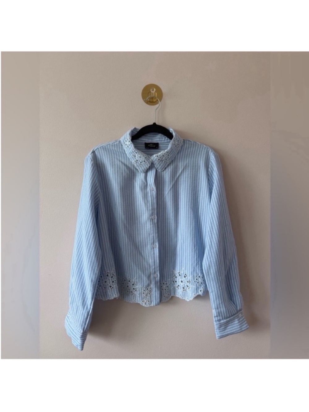 Milk & Honey Blue and White Striped Button Down Top with Scalloped detail L